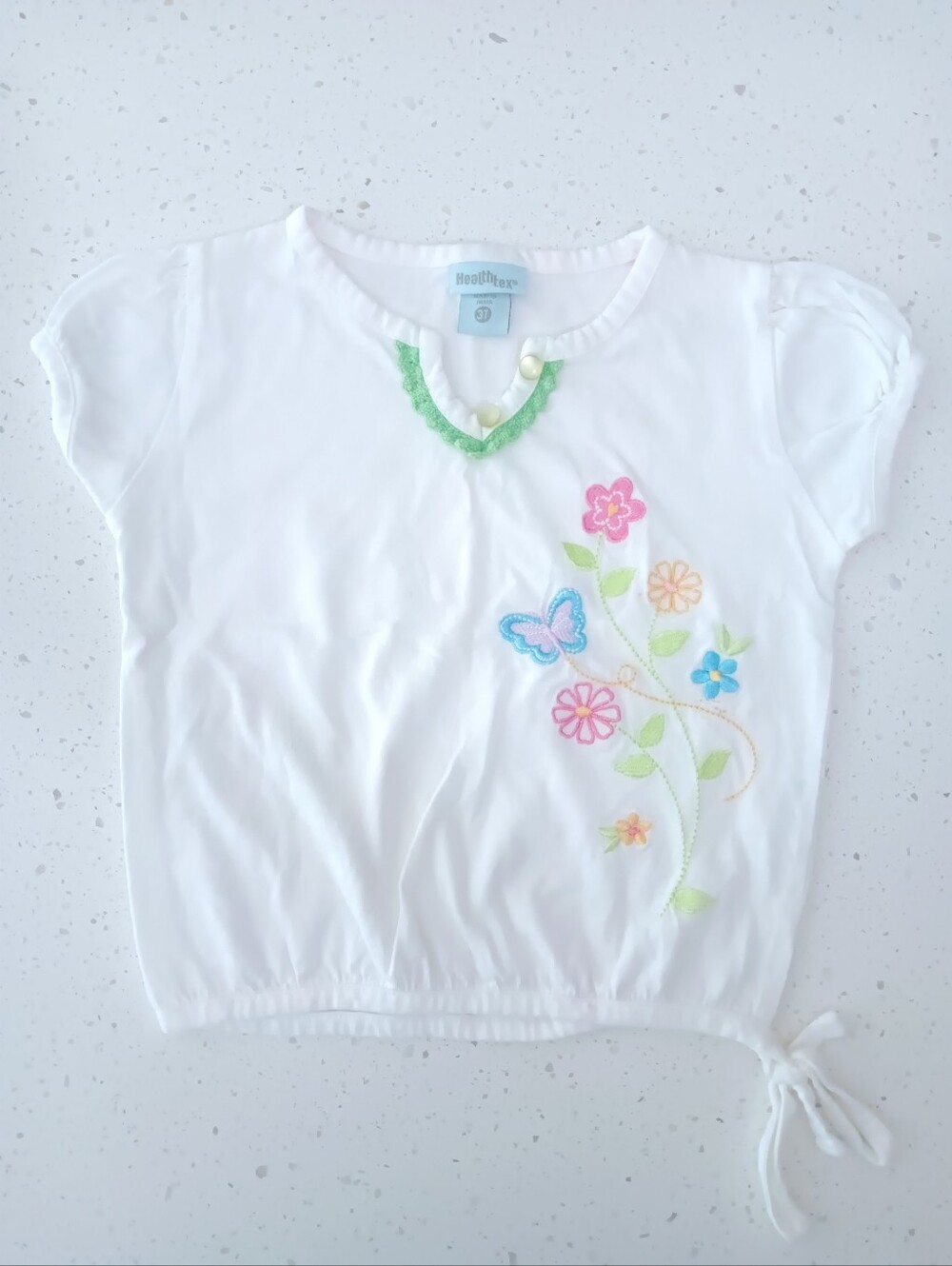 Vintage Girls' White Short Sleeve Tee with Floral Embroidery Size 3T